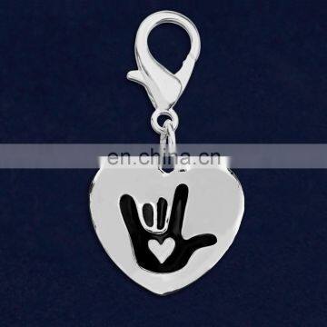 Deafness Awareness Heart Charm Silver Tone Black Enamel I Love You Sign Language Symbol Heart Charm photo-2