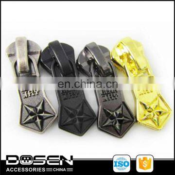 Custom Emboss Engraved Logo Letters Five Angle Star Pattern Clothing Metal Zipper Slider Handbags Zipper Pull Zip Head For Bag