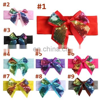 Baby Girl elastic Headband with sequin bow Kids Solid Patchwork Shiny hairband 9Colors