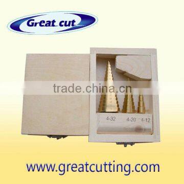 3 pcs step drill bits in wooden box