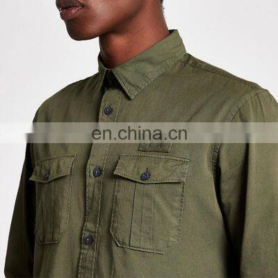 Army Green Men Cotton Shirts Design Custom Popular Long Sleeve Casual Shirts Covered Button Flannel Plus Size Short Print