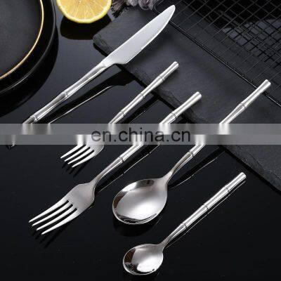 Kitchen Spoon Fork Wedding Bamboo Handle Stainless Steel Silverware Cutlery Set Gold Flatware photo-2