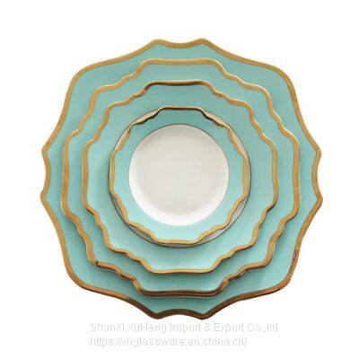 Gold Rimmed European Style High Grade Aqua Green Colored Porcelain Ceramic Charger Plate Dinner Set Tableware