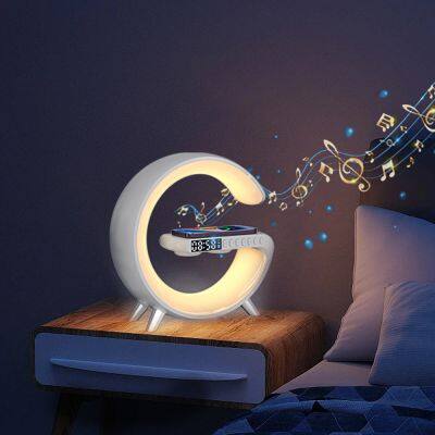 New Arrival Trending Products  G Shaped Wireless Charger Led Lamp with BT Speaker Alarm Clock USB Interface Table Lamp