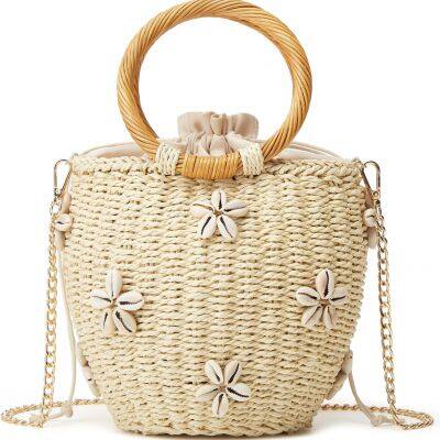 Summer Straw Bag for Women Pearl Flower Bucket Tote Bag Woven Rattan Shell Drawstring
