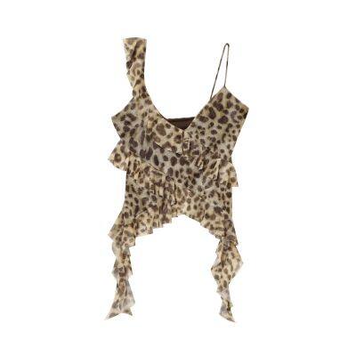 European and American Style Women's New Layered Decorative Printed Silk Mesh Asymmetrical Top photo-2