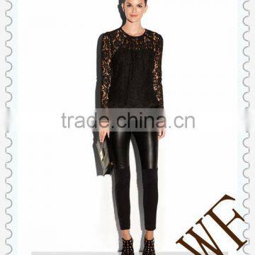 2014  China OEM service wholsale fashion 100%cotton long sleeves elegant lady black O-neck lace tops shirt