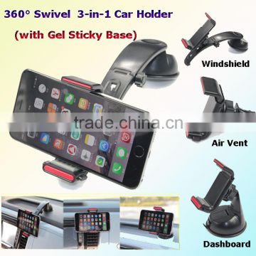 Universal 360degree Swivel 3 in 1 Multipurpose Smartphone Car Air vent Dashboard Windshield Clip Mount Holder with Gel sticky