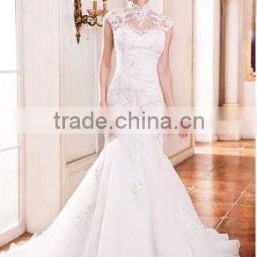 Everning Dress Party dress Trumpet/Mermaid High Neck Cathedral Train Organza Wedding Dress With Lace Beading Sequins