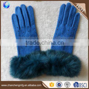 Fashion New Style Ladies Winter Blue Thick Alpaca Wool Knitted Gloves With Fur Cuff