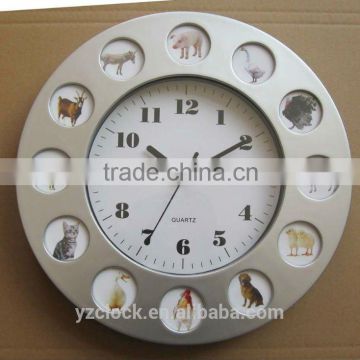 Round photo frame wall clock with 12 farm animals pictures and sound