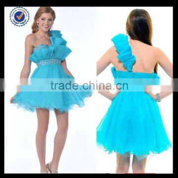 New Design Wholesale Custom Made Mini Sexy Charming One-shoulder Beaded Sky Blue Tulle With Crystals Cocktail Dress C0070