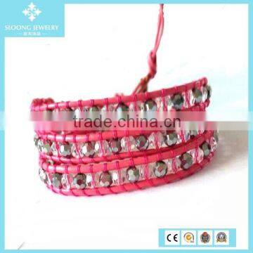 Beautiful Pink Braided Handmade Leather Bracelet with Small Beads