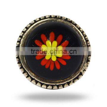 Metal Glass Round Black Knob with Red FLower