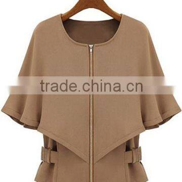 Camel Round Neck Zipper Cape Poncho Coat Women