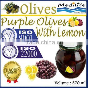 Purple Olives with Lemon, High Quality 100% Tunisian Purple Table Olives with Lemon, Purple Table Olives. 370 ml Glass Jar