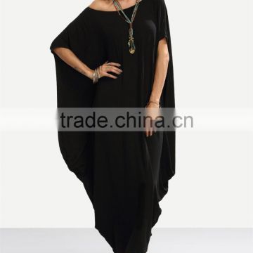 Female Plain Black One Shoulder Dolman Asymmetrical Tshirt Loose Long maxi Dress