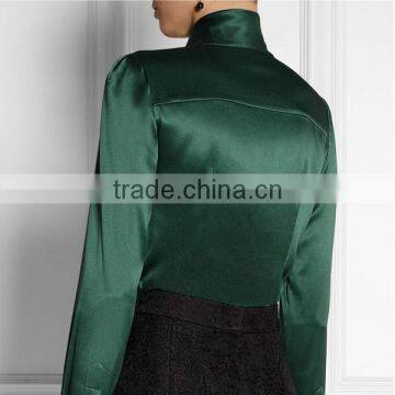New High Quality Lady Simple Long Sleeve Green Satin Pussy Bow Blouse photo-4