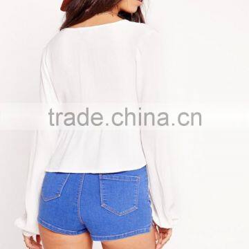 Lady White Cropped Long Sleeve Hotsale Elegant Satin Blouses photo-5