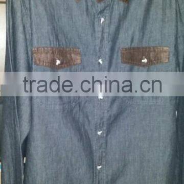 100%cotton chambray shirt with suede at collar, pocket flap