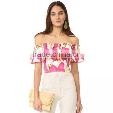 2017 Summer off Shoulder Bold Floral Print Flounce Best Blouses photo-6