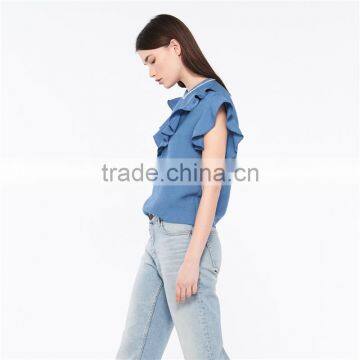 2017 OEM Slightly Ruffled Shoulders Beaded Neckline Blouse Tops photo-2