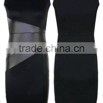 2017 Women Sexy Round-collar Panelled Stitching Leather High-waisted Casual Dress Party Dresses photo-3