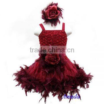 Ruby Red Rose Pettiskirt Wedding Party Flower Girl Feather PettiDress Matching Sash and Headband 1-7Y