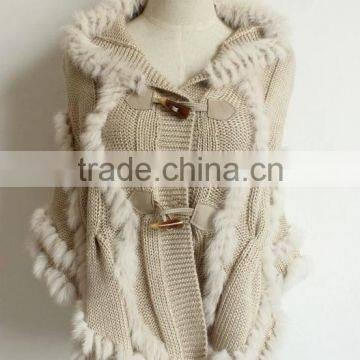 YR474 Free Size Yarn and Rabbit Knit Poncho with Hood Cheap Winter Stole