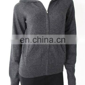 Ladies spring wearing knitted cashmere zipper hoodie with pockets and elbow patch