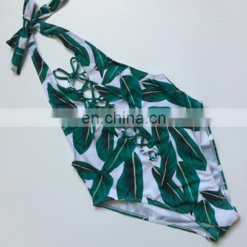 Deep V printting lace up one piece swimsuit