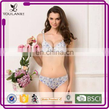 China New Arrival Blue & White Porcelain Printed Padded Young Girl Sexy Fancy Panty Bra Set