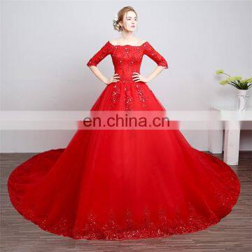 HS1608 Vintage Lace Ball Gown Train Red Wedding Dress photo-5