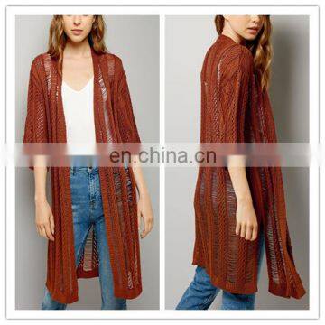 Long Women Brown Crochet Kimono Cardigan