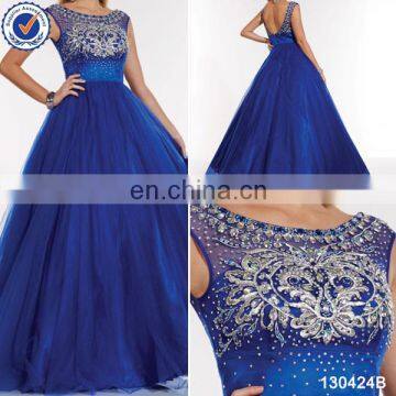 New arrival designs sleeveless royal blue beaded sequined prom dress ball gown 2014