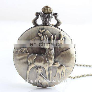 Large Fashion Classic Retro Bronze Carved Deer Quartz Pocket Watch For Men And Women Gift