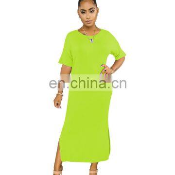 Wholesales Best Seller Women Solid Color Casual Long Dresses Ladies Split O-Neck Dresses Women Summer Dresses photo-4