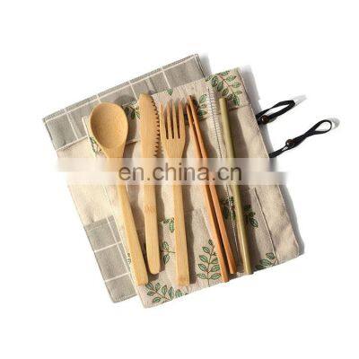 Tableware Set Bamboo Cutlery Set Wood Straw With Travel Cloth Bag Wooden Spoon Fork Knife Dinnerware Wholesale Bamboo photo-2