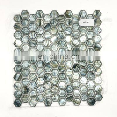 house glittering hexagon shape chip pearl 6mm white green Bathroom Swimming Pool Glass Mosaic Tile H655011