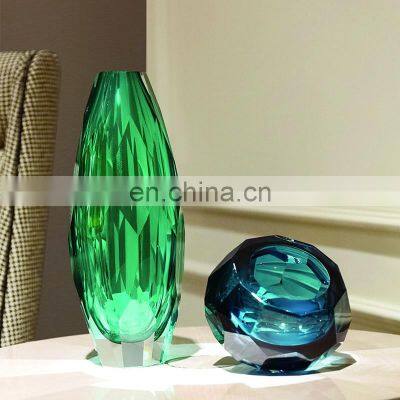 Modern Simple Glass Transparent Green Blue Luxury Crystal Flower Vase photo-3
