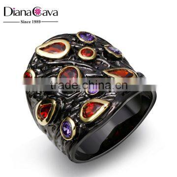 Fashionable Statement Black Gold Color Zircon Bezel Setting Brass Ring Ladies Design