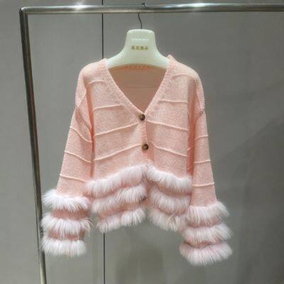 Xiaoxiangfeng fox fur patchwork knitted cardigan women's autumn V-neck single breasted sweater jacket