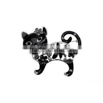 Wholesale 4.7*4cm Black Enamel & Crystal Floral Cat Brooch