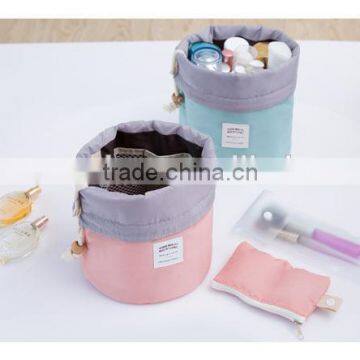 Drum shaped high capacity drawstring cosmetic bag travel wash organzier