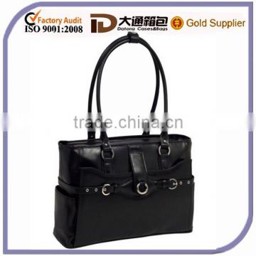 Old Fahion Hard Leather Briefcase Black Shoulder Bag Lady