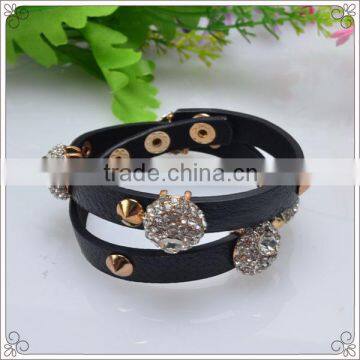 Black Slide Charms Pu Leather Bracelet With Crystal