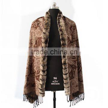 2015 New fashion flower pattern and tassels trim women cashmere cape with rex rabbit fur collar