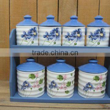 New 7pcs Ceramic Food Storage canisters set with wood stand