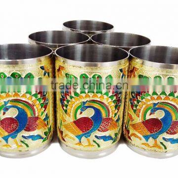 ROYAL PEACOCK Designed MEENAKARI Decorated Stainless Steel JUG/POT With Matching TRAY & 6-GLASSES - G.M. photo-5