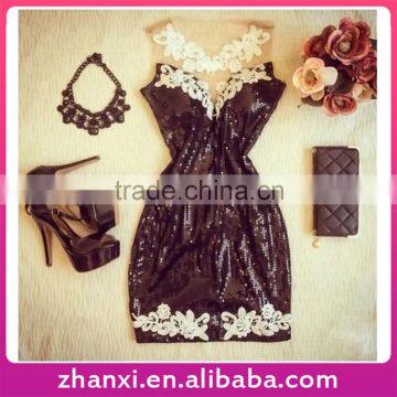 In stock black sequin ace sleeveless women arabic fashion dress